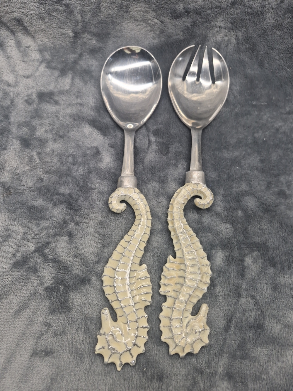 Large 12" Silver Color Pair Seahorses Salad Serves Serving Tong Fork & Soon
